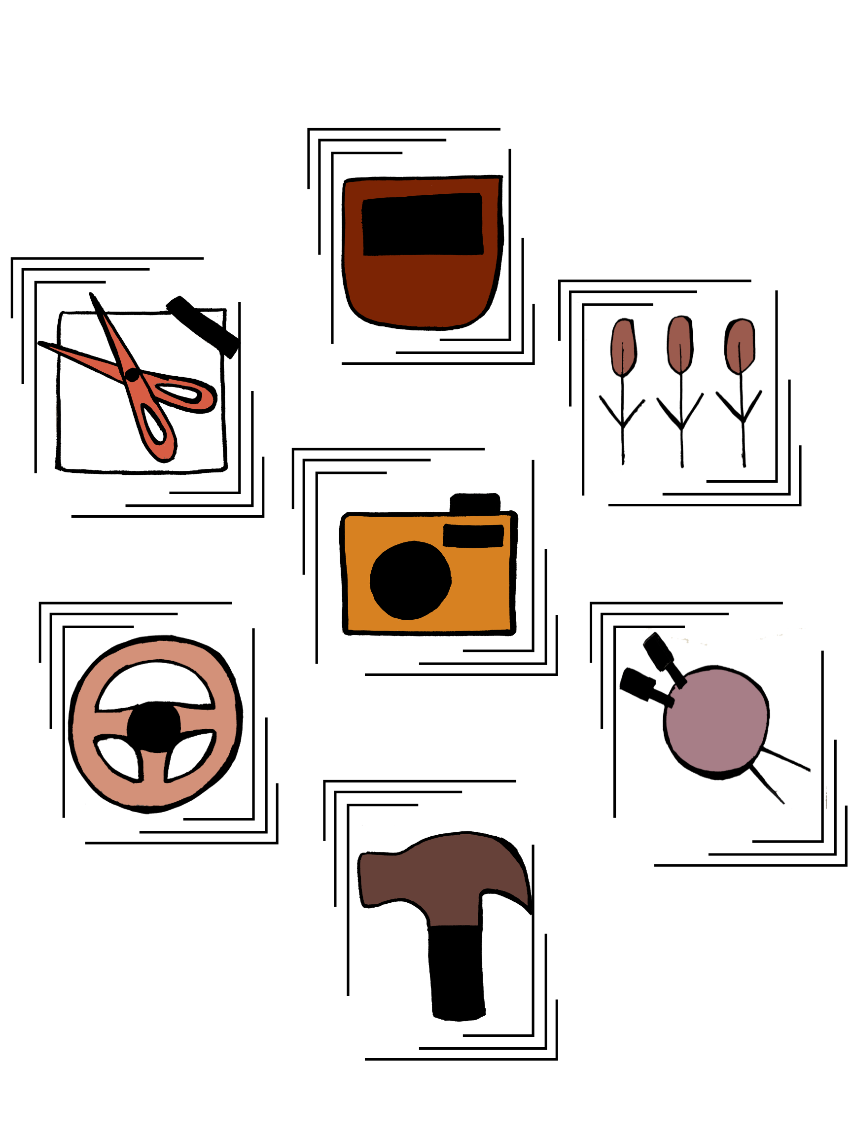 A series of Icon design featuring: a hammer, yarn, a wheel, a camera, scissors, wheat and a welding helmet